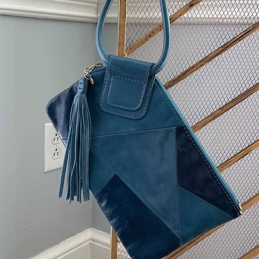 HOBO Blue Patchwork Leather Wristlet with Tassel Accent